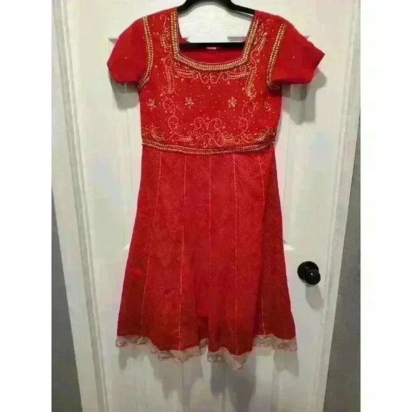 Unbranded Indian Traditional Red Dress Short Sleeve Jewel Embroidered Size Small - Picture 7 of 7